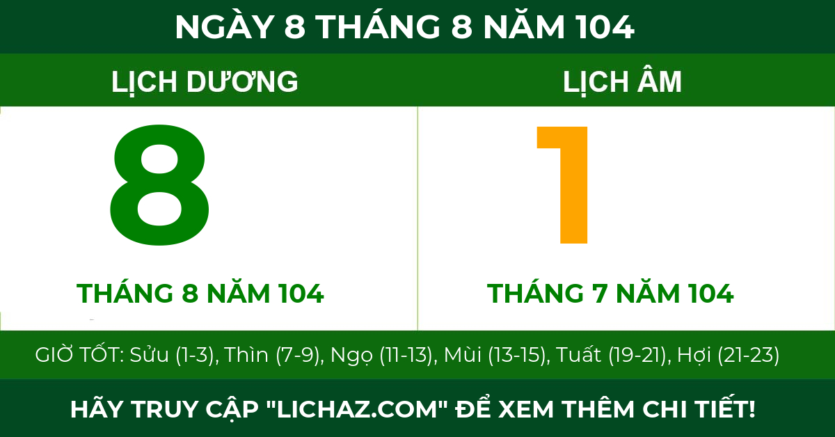 lịch âm ngày 8 tháng 8 năm 104