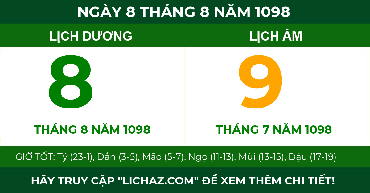 lịch âm ngày 8 tháng 8 năm 1098