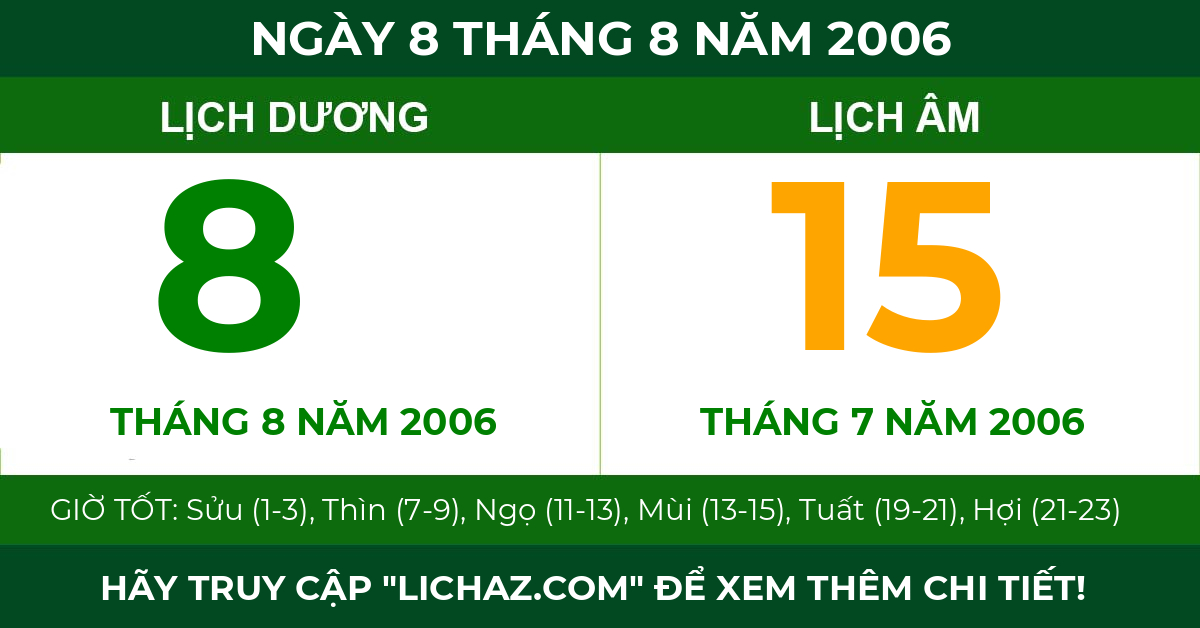 lịch âm ngày 8 tháng 8 năm 2006