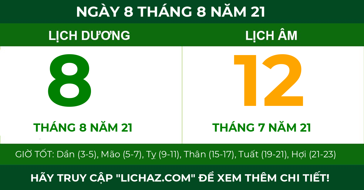 lịch âm ngày 8 tháng 8 năm 21
