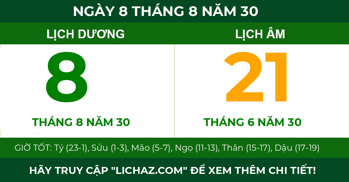 lịch âm ngày 8 tháng 8 năm 30
