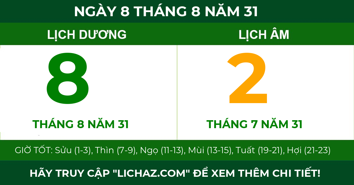 lịch âm ngày 8 tháng 8 năm 31