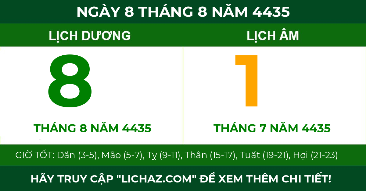 lịch âm ngày 8 tháng 8 năm 4435