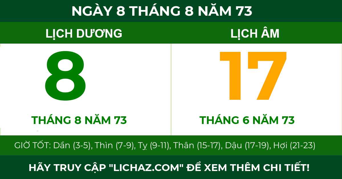 lịch âm ngày 8 tháng 8 năm 73
