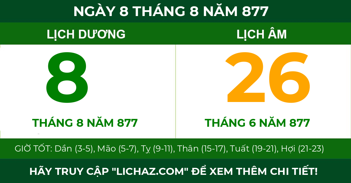 lịch âm ngày 8 tháng 8 năm 877