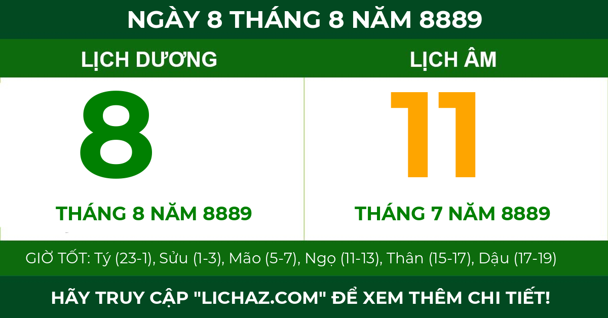 lịch âm ngày 8 tháng 8 năm 8889