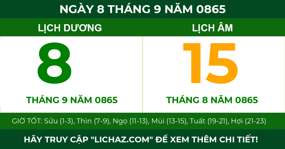 lịch âm ngày 8 tháng 9 năm 0865