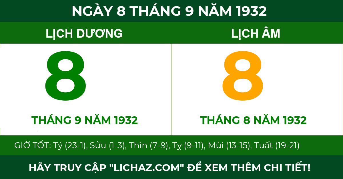 lịch âm ngày 8 tháng 9 năm 1932