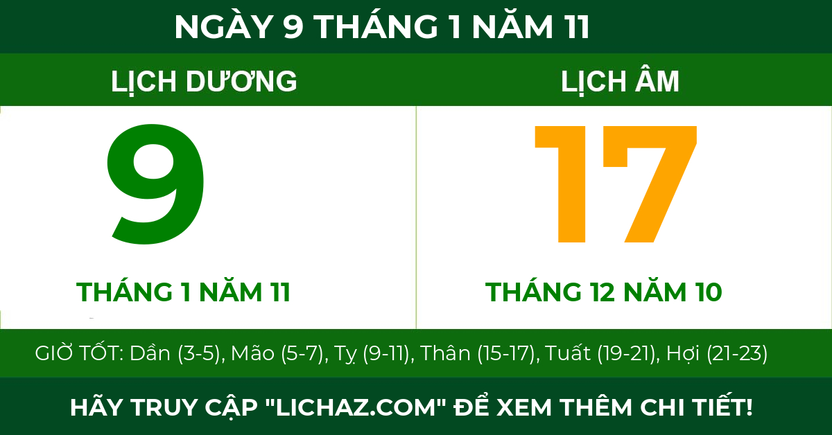 lịch âm ngày 9 tháng 1 năm 11