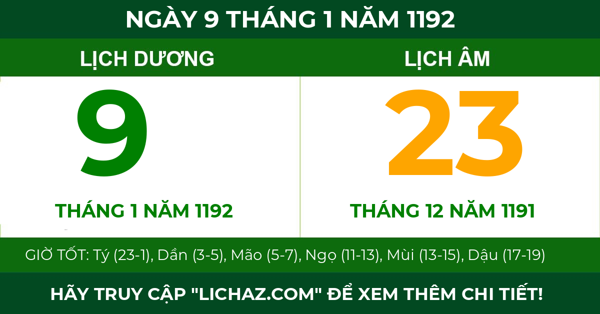lịch âm ngày 9 tháng 1 năm 1192
