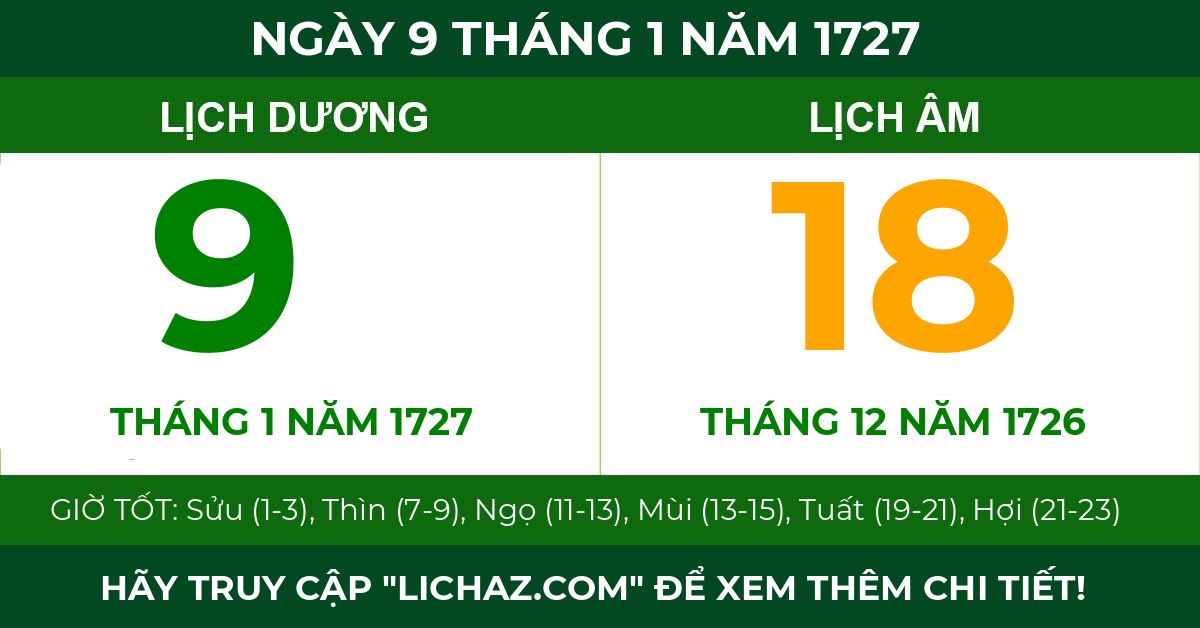 lịch âm ngày 9 tháng 1 năm 1727