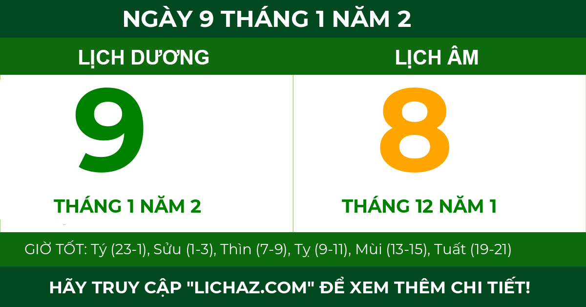 lịch âm ngày 9 tháng 1 năm 2