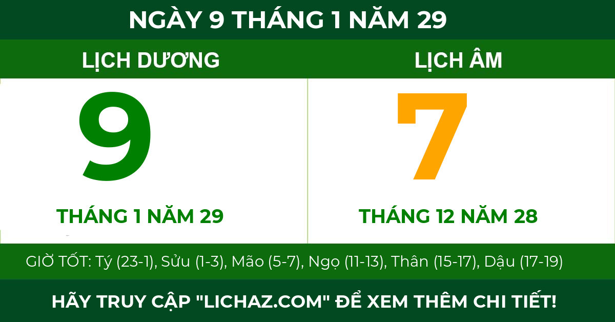 lịch âm ngày 9 tháng 1 năm 29