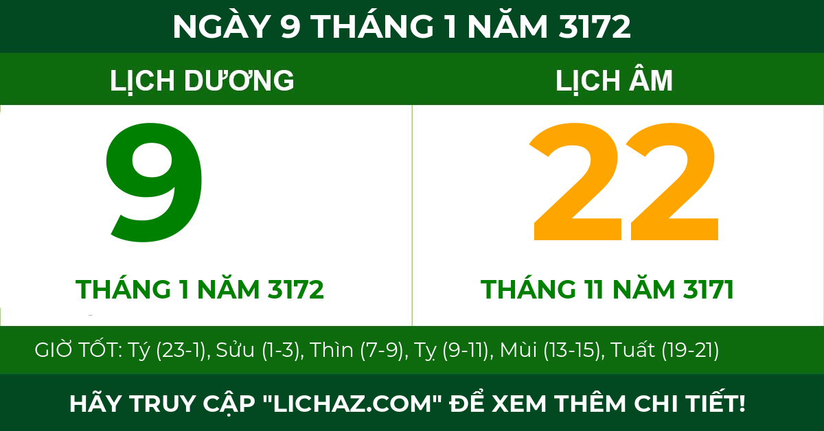 lịch âm ngày 9 tháng 1 năm 3172