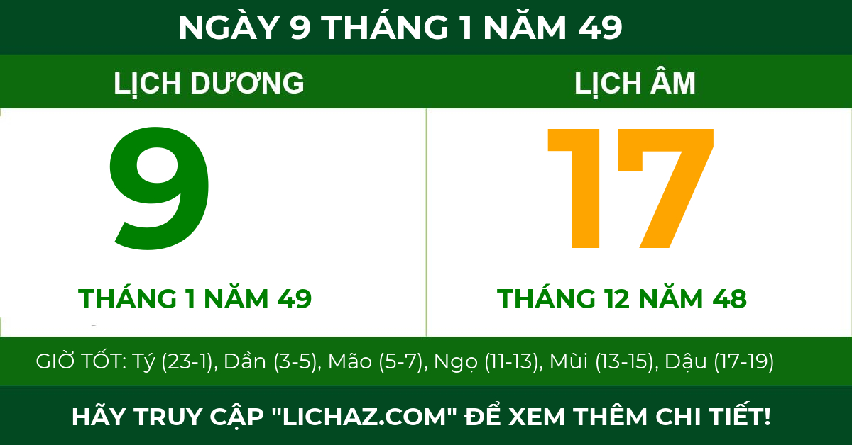 lịch âm ngày 9 tháng 1 năm 49