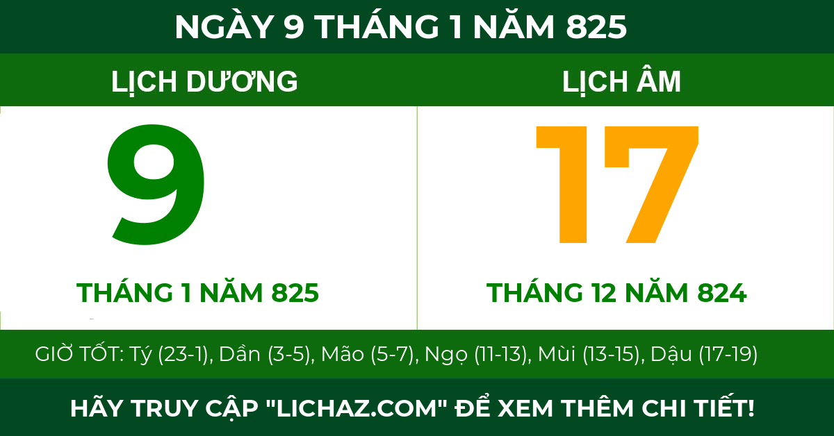 lịch âm ngày 9 tháng 1 năm 825