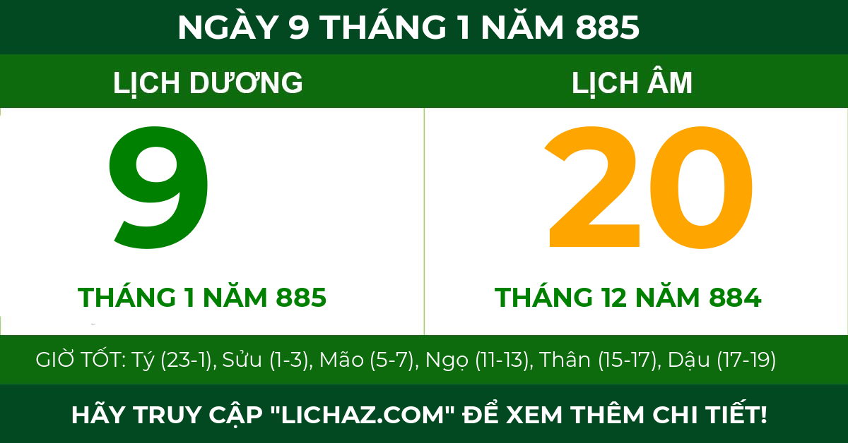 lịch âm ngày 9 tháng 1 năm 885