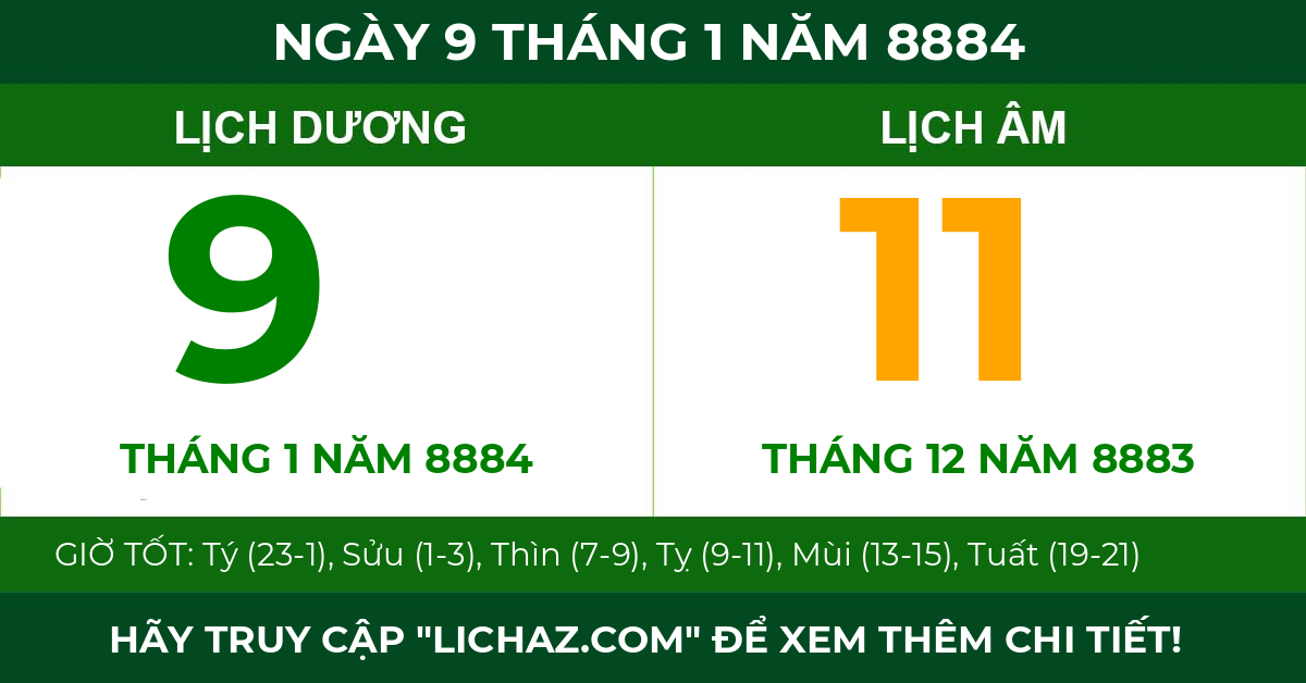lịch âm ngày 9 tháng 1 năm 8884