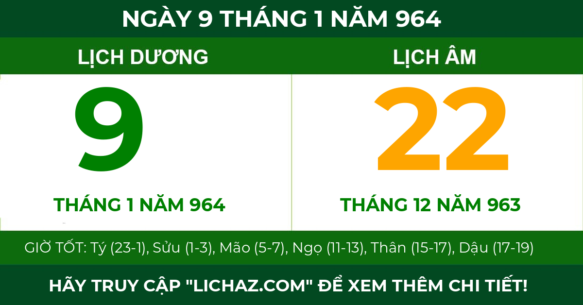 lịch âm ngày 9 tháng 1 năm 964
