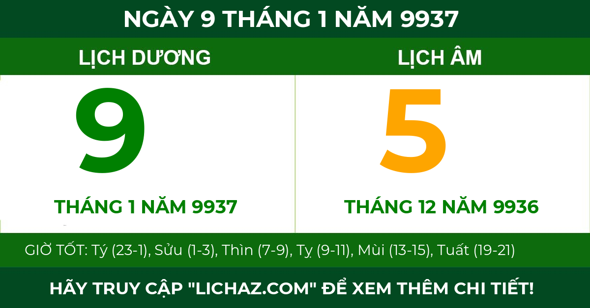lịch âm ngày 9 tháng 1 năm 9937