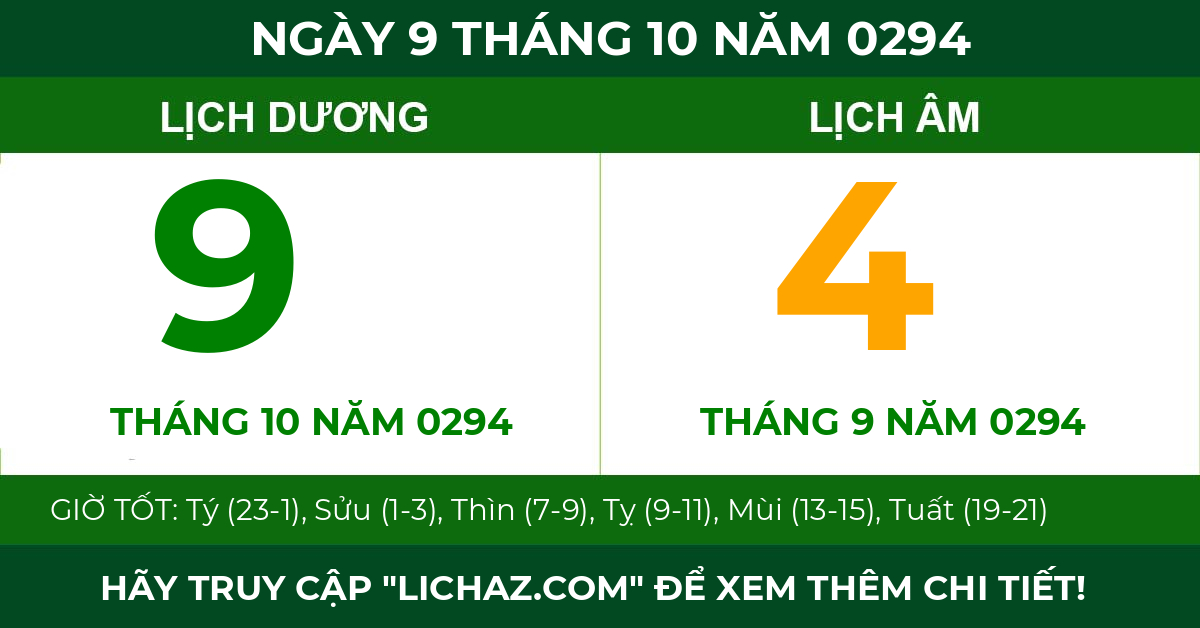 lịch âm ngày 9 tháng 10 năm 0294
