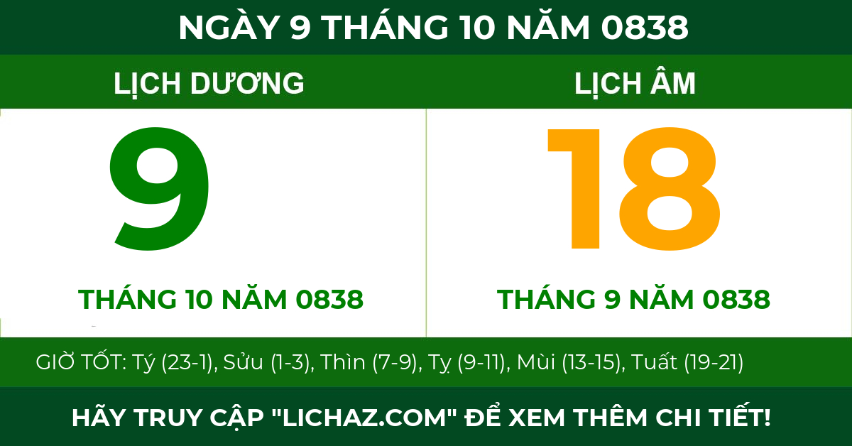 lịch âm ngày 9 tháng 10 năm 0838