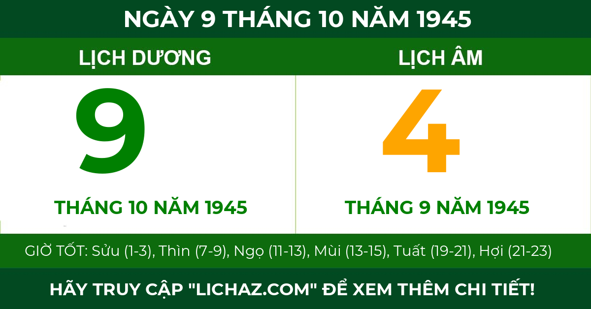 lịch âm ngày 9 tháng 10 năm 1945