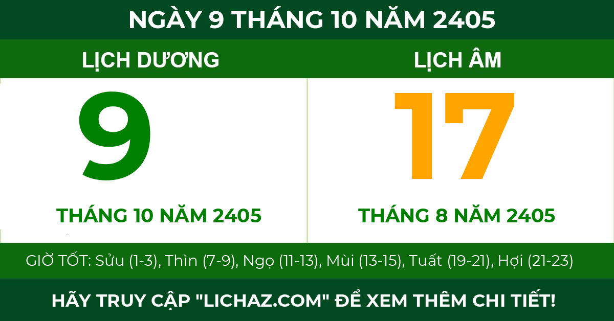 lịch âm ngày 9 tháng 10 năm 2405