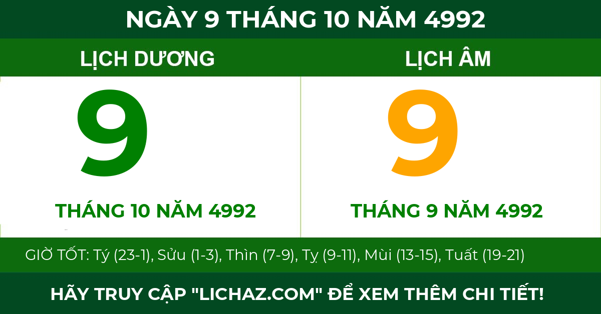 lịch âm ngày 9 tháng 10 năm 4992