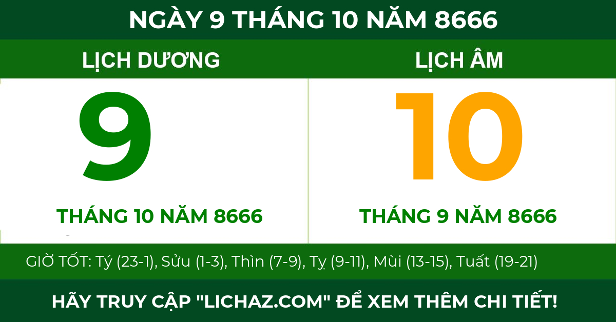 lịch âm ngày 9 tháng 10 năm 8666