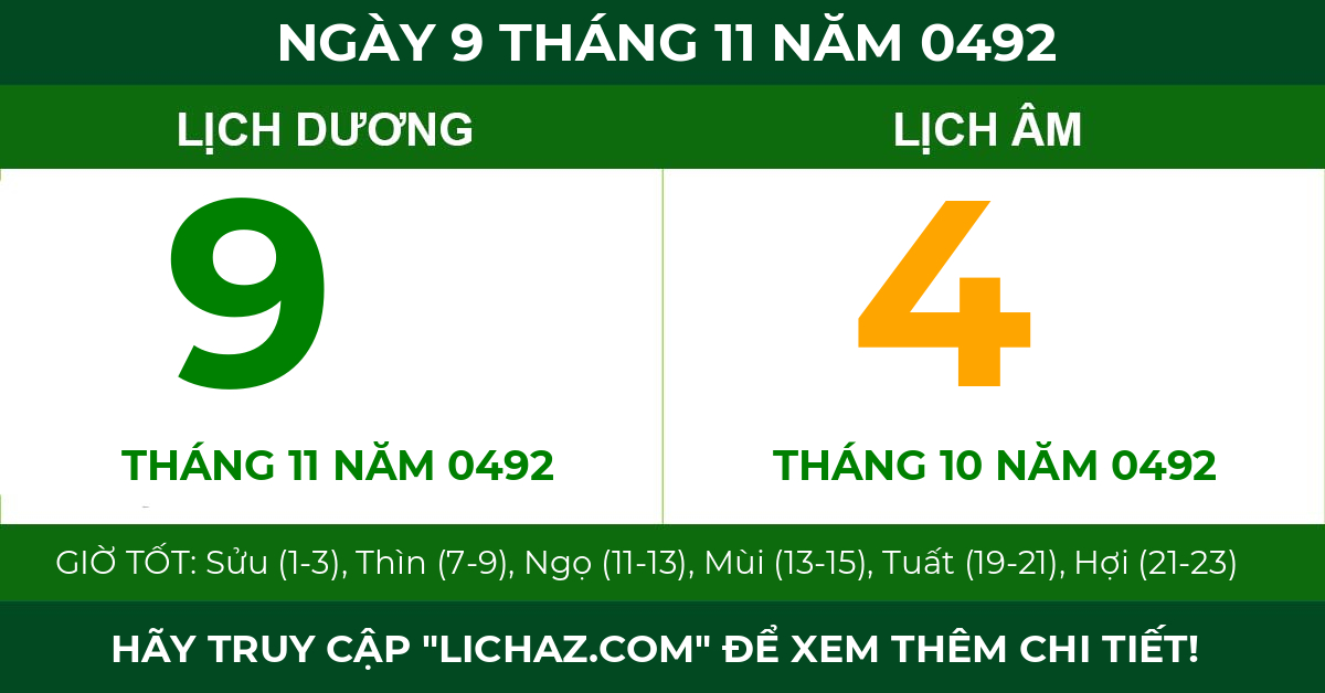 lịch âm ngày 9 tháng 11 năm 0492