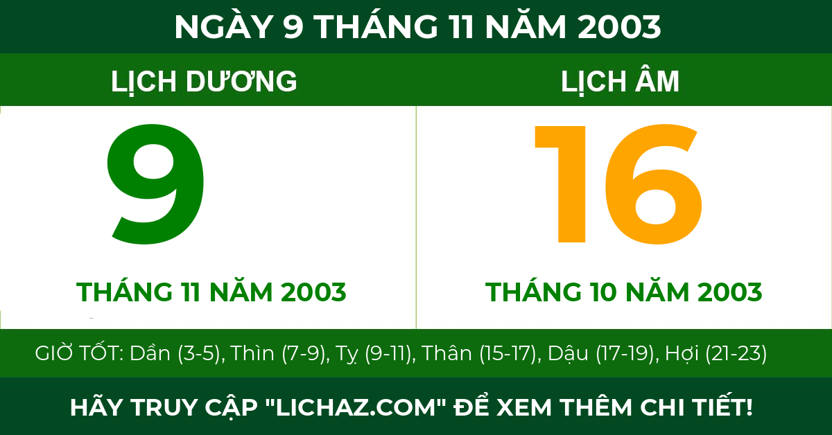 lịch âm ngày 9 tháng 11 năm 2003