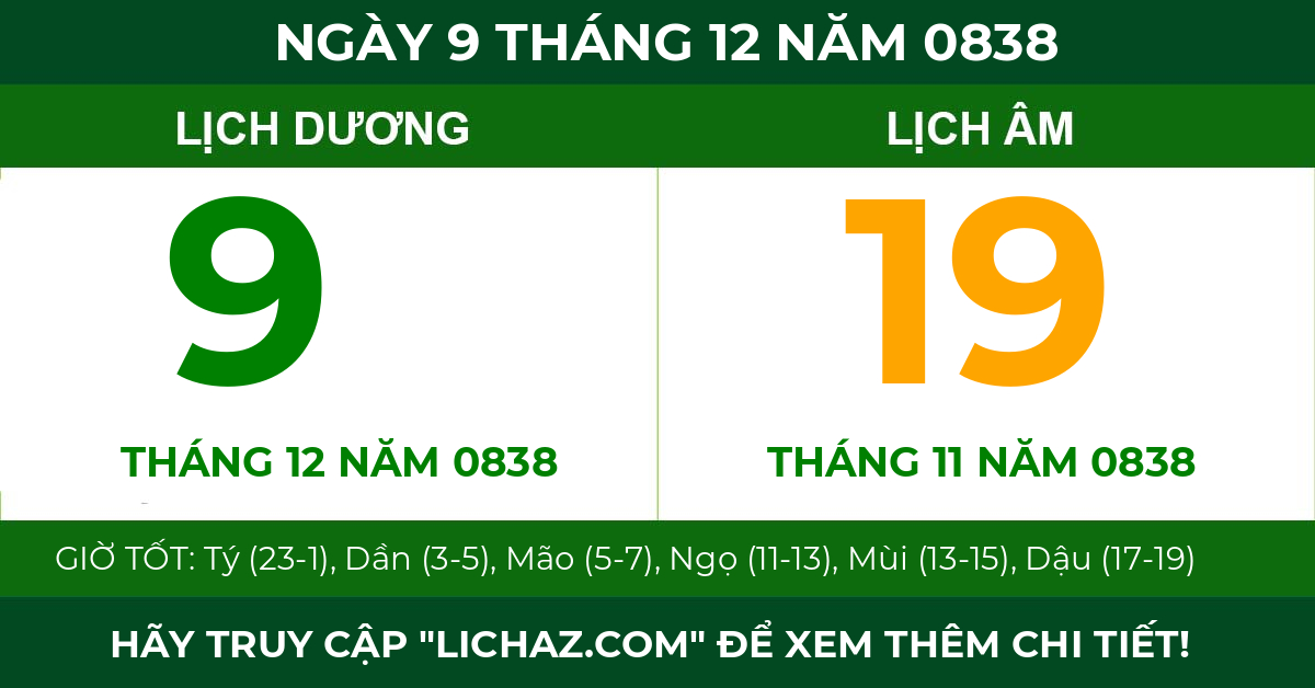 lịch âm ngày 9 tháng 12 năm 0838