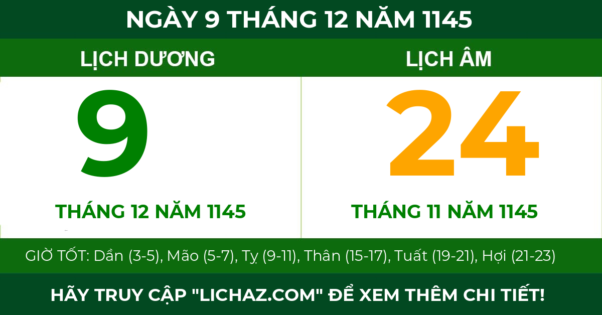 lịch âm ngày 9 tháng 12 năm 1145