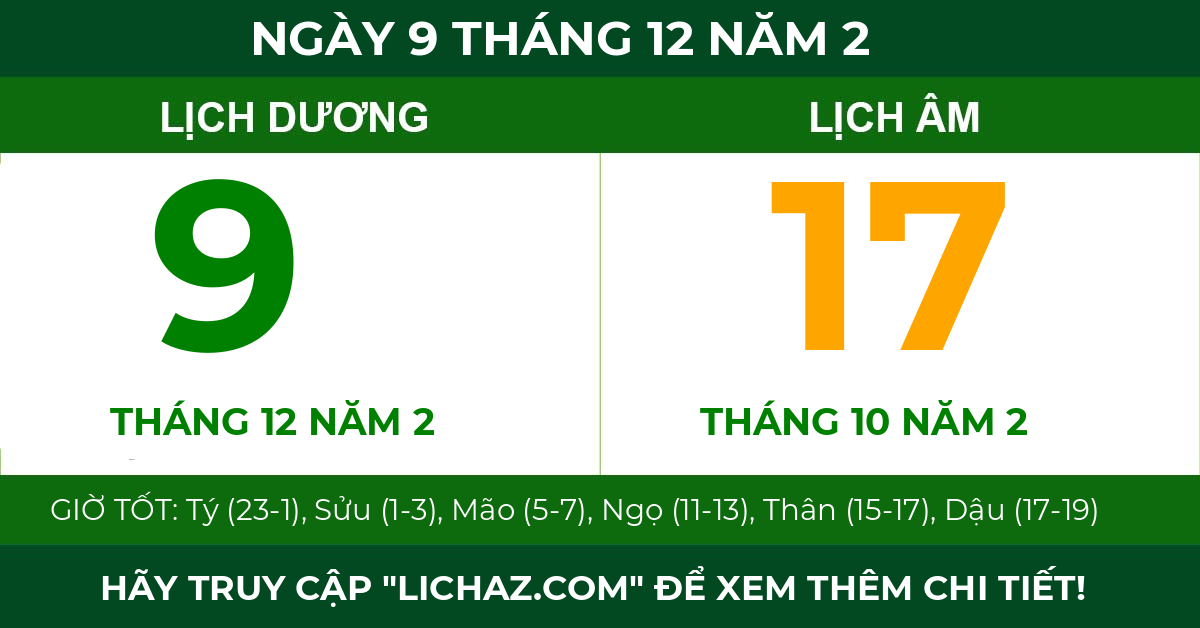lịch âm ngày 9 tháng 12 năm 2