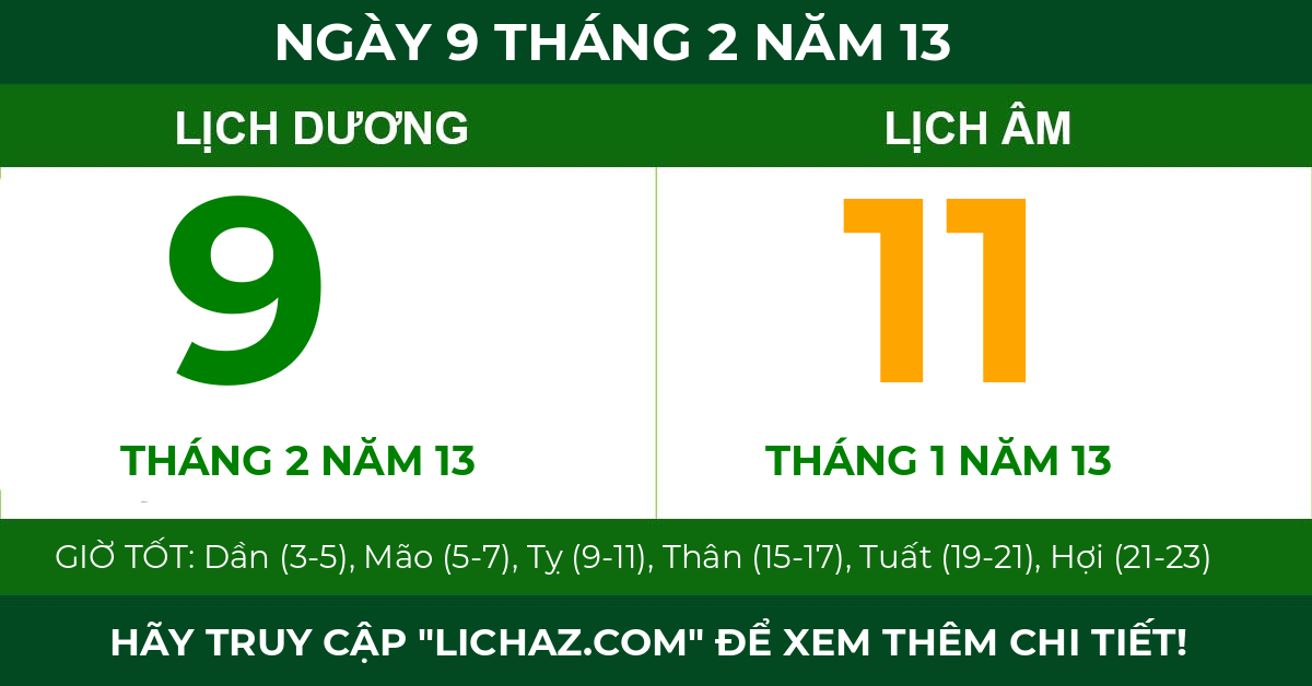 lịch âm ngày 9 tháng 2 năm 13