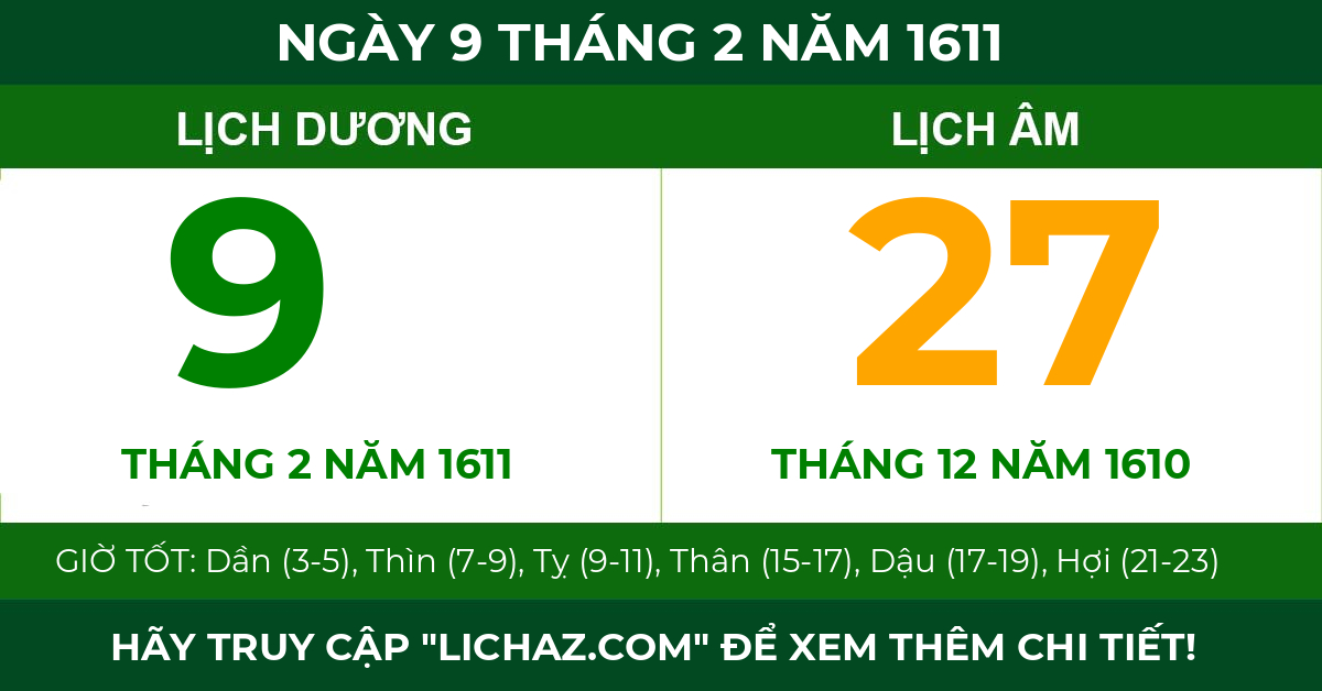 lịch âm ngày 9 tháng 2 năm 1611