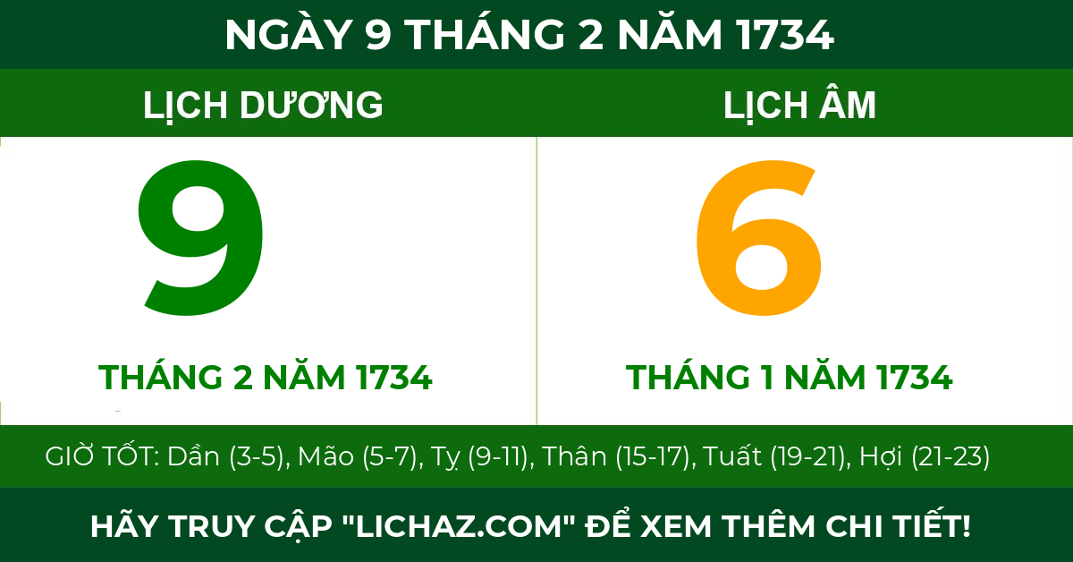 lịch âm ngày 9 tháng 2 năm 1734