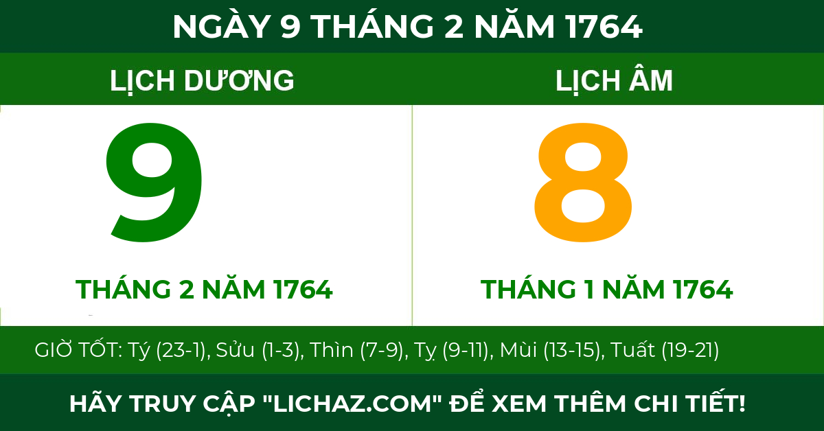 lịch âm ngày 9 tháng 2 năm 1764