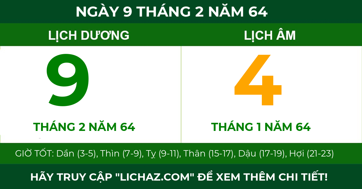 lịch âm ngày 9 tháng 2 năm 64