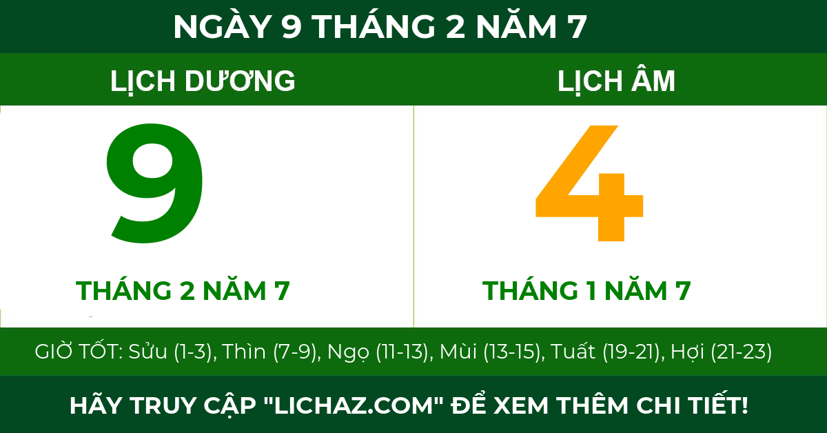 lịch âm ngày 9 tháng 2 năm 7