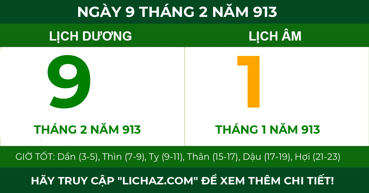 lịch âm ngày 9 tháng 2 năm 913