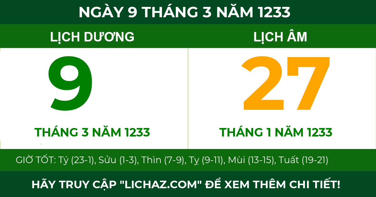 lịch âm ngày 9 tháng 3 năm 1233
