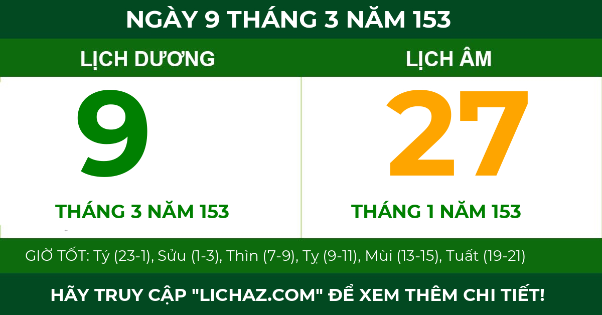 lịch âm ngày 9 tháng 3 năm 153