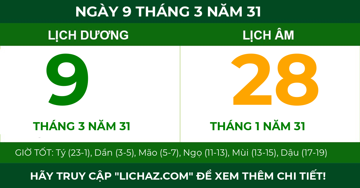 lịch âm ngày 9 tháng 3 năm 31