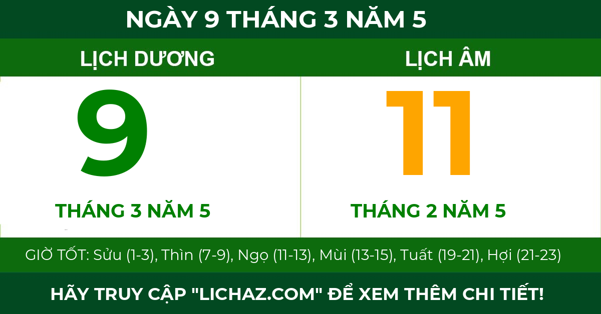 lịch âm ngày 9 tháng 3 năm 5