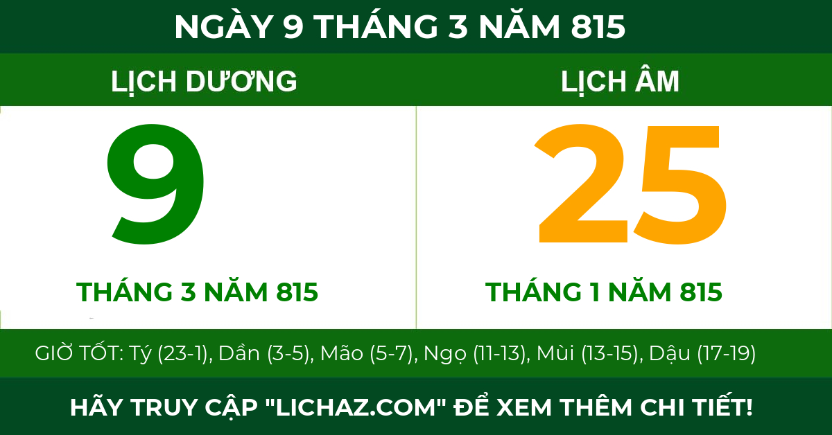 lịch âm ngày 9 tháng 3 năm 815