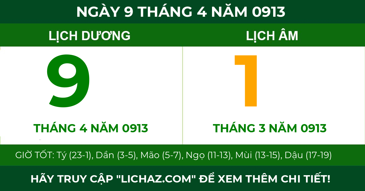 lịch âm ngày 9 tháng 4 năm 0913