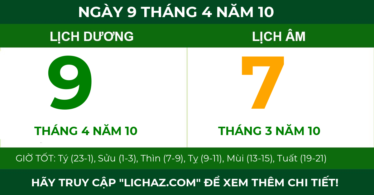 lịch âm ngày 9 tháng 4 năm 10