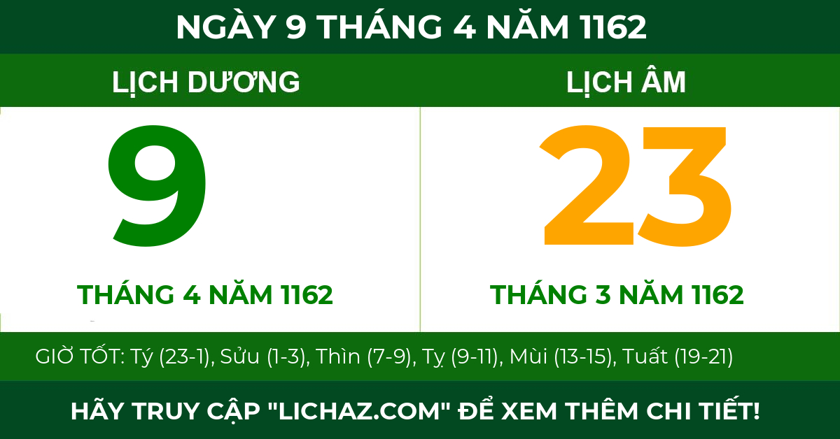 lịch âm ngày 9 tháng 4 năm 1162